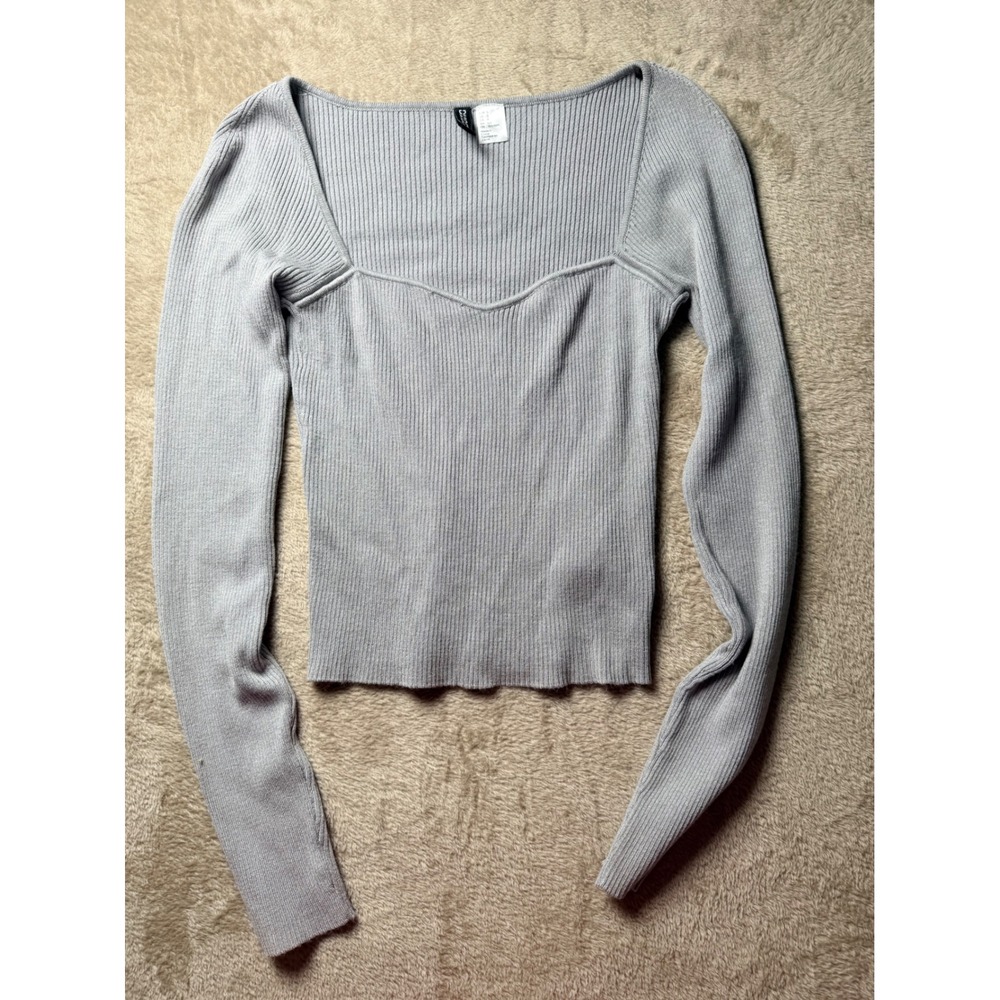 HM Divided Light Grey Ribbed Sweetheart Neck Cropped ‎ Knit Top Small Soft Girl